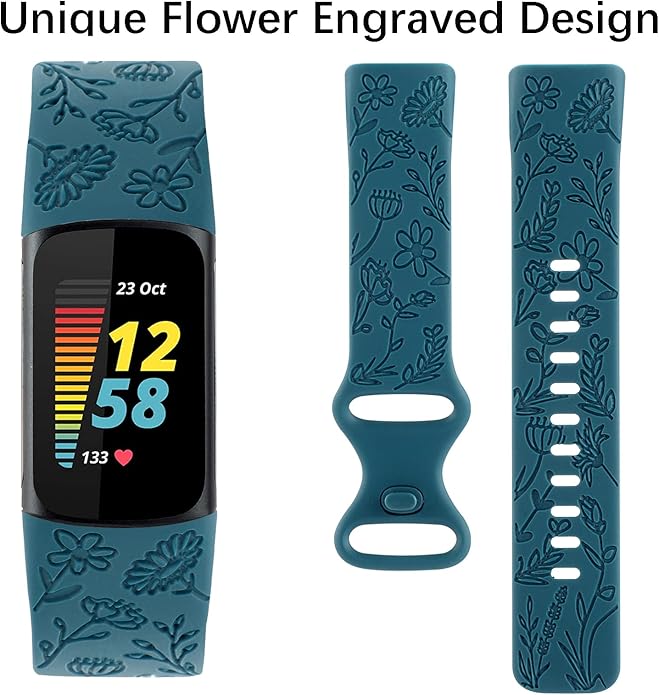 Flower Engraved Bands Compatible with Fitbit Charge 5 Band/Charge 6 Bands Women Cute Floral Engraving Soft Silicone Sport Strap Replacement Wristband for Fitbit Charge 5/6 Tracker Accessories