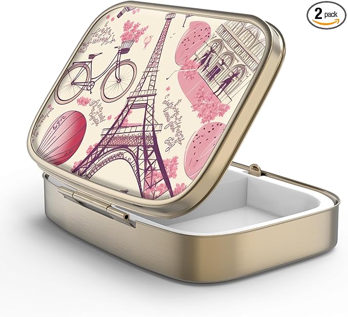 Pill Case Pill Box with Mirror Retro 2 Compartment Small Pill Case for Purse or Pocket Bronze Rectangular Pill Box or Vitamins, Fish Oil, Supplements, Pill Containe Travel Gifts（Paris Eiffel Tower）