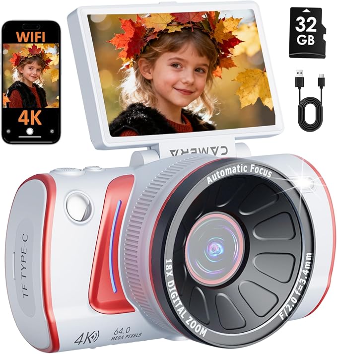 4K Digital Camera for Photography Autofocus,64MP WiFi Vlogging Camera with 3” 180° Flip Screen for YouTube,18X Zoom Travel Camera for Beginners,32GB Card & Rechargeable Battery (White)