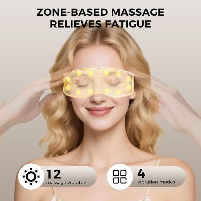 Eye Massager with Heat and Cooling, 12 Vibrators, 4 Massage Modes, 3 Temp Settings, Rechargeable Bluetooth Music, Gifts for Women/Men,Smart Sleep Mask for Relax, Reduce Strain