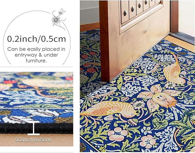 Blue Kitchen Rug Sets of 2, Vintage Floral Kitchen Mats for Floor Non Slip, Washable Cushioned Boho Bird Runner Rug for Kitchen Floor Laundry Desk Sink 17”x30“+17''x47''