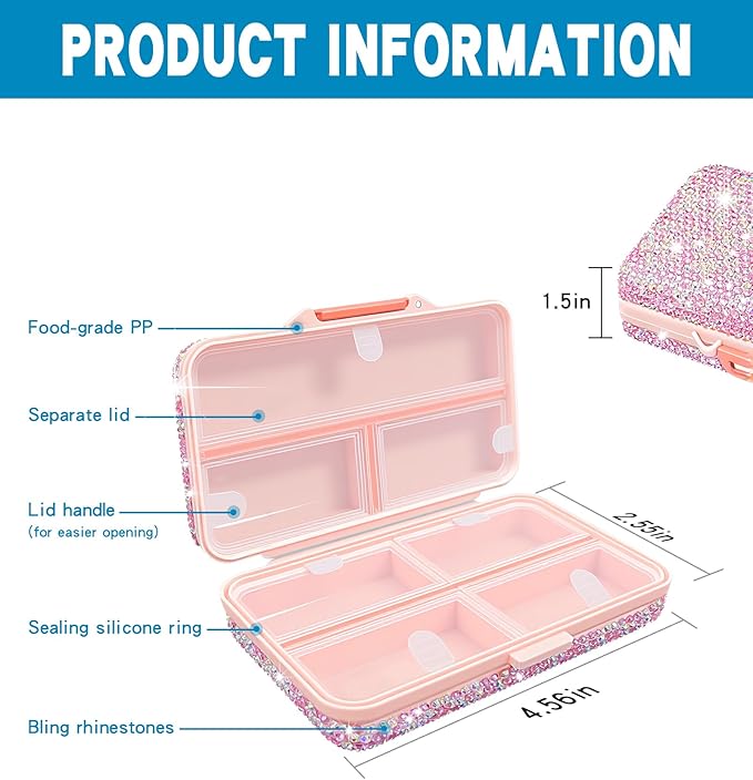 Yivaiks Bling Travel Pill Organizer Crystal Rhinestone 8 Compartments Portable Pill Case Daily Pill Box to Hold Vitamins Small Pill Container for Pocket Purse Medicine Organizer(Pink)