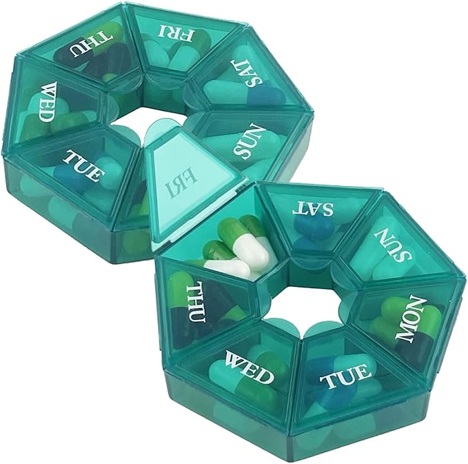 Deke Home - Small Weekly Pill Organizer (2 Pack), Round Pill Dispenser for Travel, Mini Pill Organizer, Compact Medicine Holder, Pill Sorters 7 Days, Portable Vitamin Container, BPA Free (Food Grade)