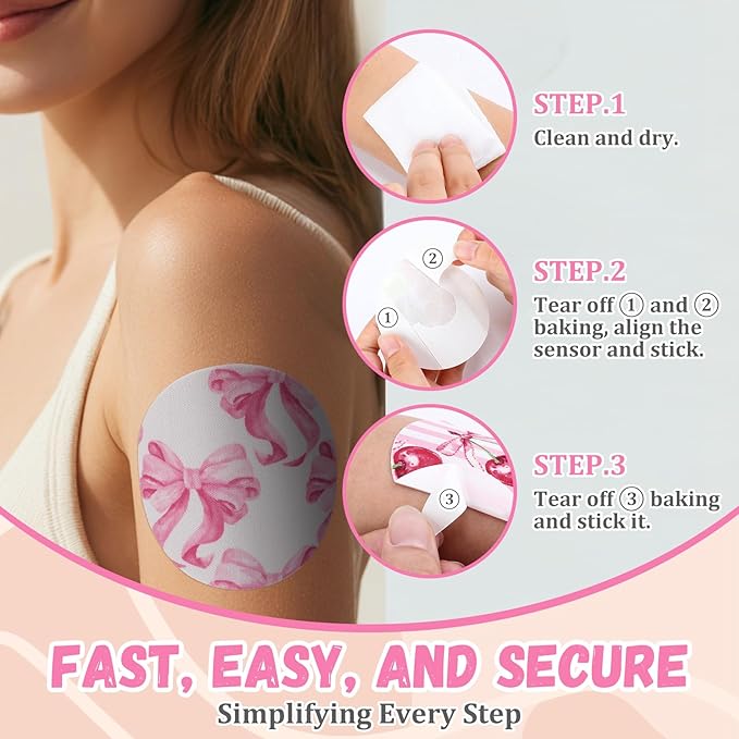Geiserailie 30 PCS Adhesive Patch Compatible with Dexcom G7 Pre-Cut Flowers Pink Bow NO Glue in The Center Sensor Cover for Continuous Glucose Monitor Long Fixation Flexible Breathable