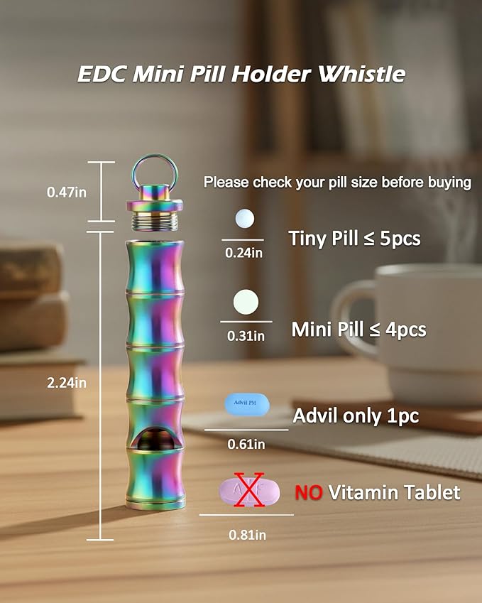 Titanium Pill Holder Necklace for Men Women Emergency Whistle Mini Keychain Nitro Pill Case with Loud Whistles EDC Safety Backpacking Survival Hiking Camping Pets Training