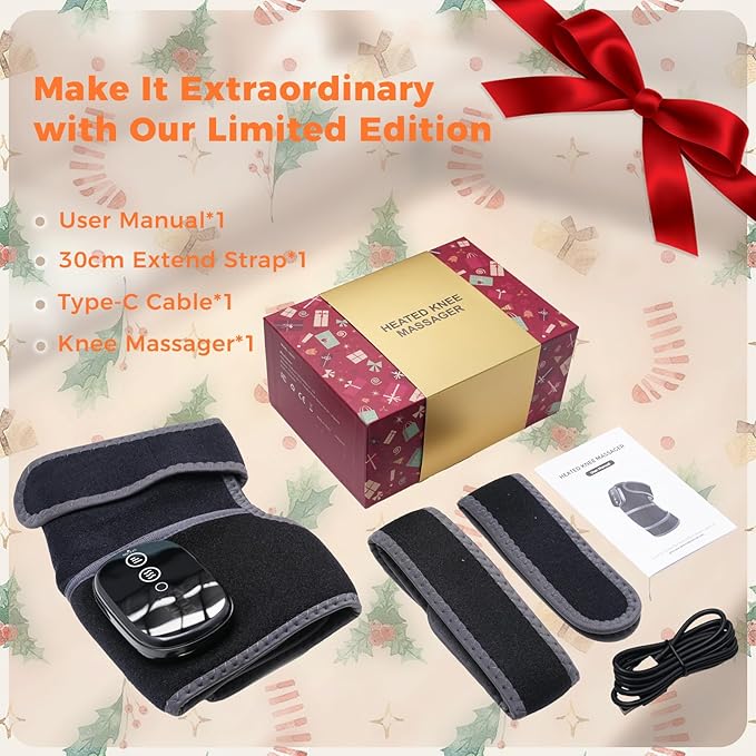 Cordless Heated Knee Massager with Elegant Gift Box, 3-in-1 Knee Heating Pad with Heat Vibration, Electric Heated Knee Brace with 3 Heat Levels & 3 Massage Modes, Ideal Gift for Men and Women