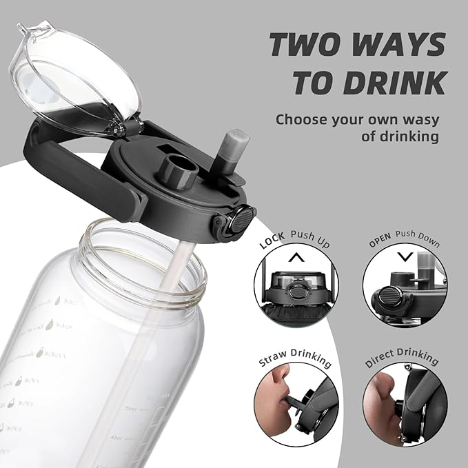 64oz Glass Water Bottle with Straw and Sleeve Half Gallon Motivational Water Bottle with Time Marke and Strap 2L Leakproof Borosilicate Reusable Water Jug for Gym Outdoors
