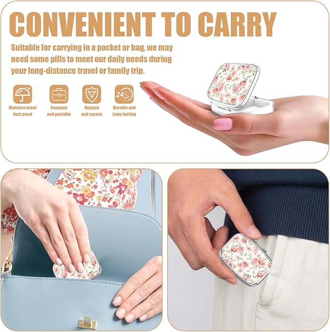 Pill Box-2 Compartment Small Pill Case Square Organizer Case with Mirror Portable Metal Medicine Box Travel Container for Pocket & Purse Women Men(Pink Spring Floral)