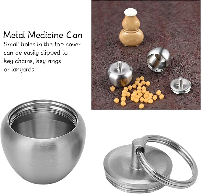 Pill Keychain Holder, Stainless Steel Mini Apple Shaped Pill Case Waterproof Portable Medicine Box Sealed Jar Keychain Pendant for Outdoor Camping Travel