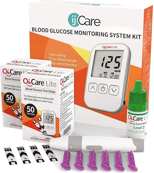 Oh’Care Lite Blood Sugar Test Kit – Blood Glucose Meter with Strips and Lancets, Lancing Device, Log, and Case - One Touch Eject Glucometer (110 Strips, 125 Lancets, & Control Solution)