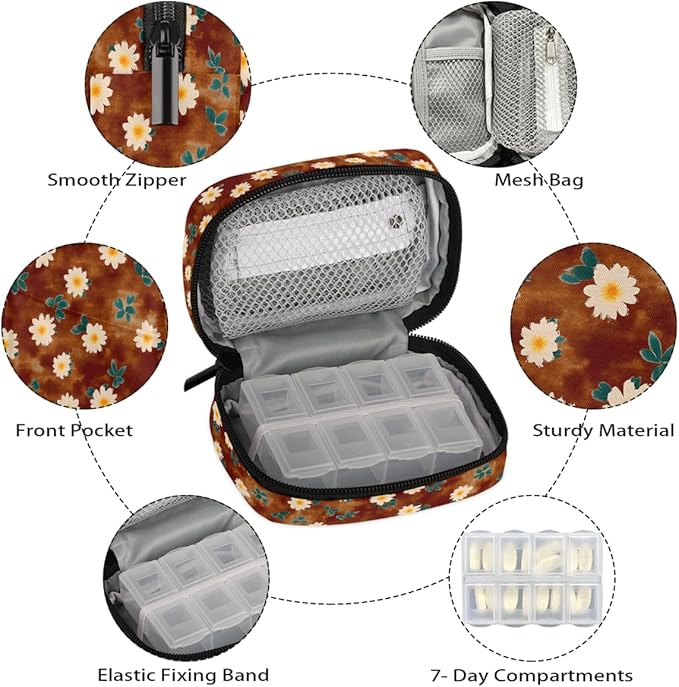 Floral Retro Brown Pill Case Everyday Travel, 7 Day Weekly Medicine Pill Box Compact Portable Pills Bottle Organizer with Zipper for Daily Vitamin Medicine Holder Bottle Organizers Bag