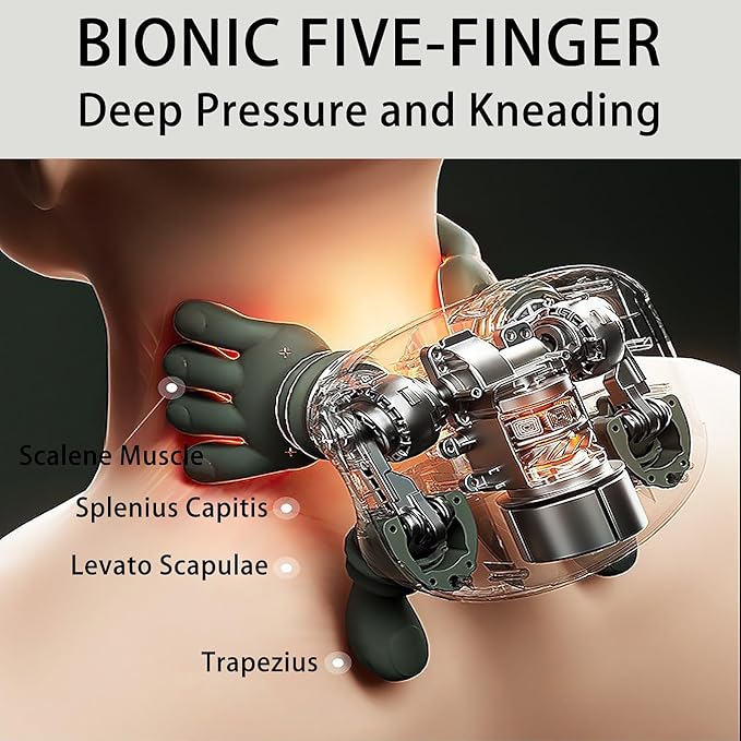 Bionic Neck and Shoulder Massager with Heat, Cordless Hands-Free Deep Tissue Kneading, 5-Finger Soft Silicone Nodes, Wearable Trapezius Tension Relief for Home, Office & Travel