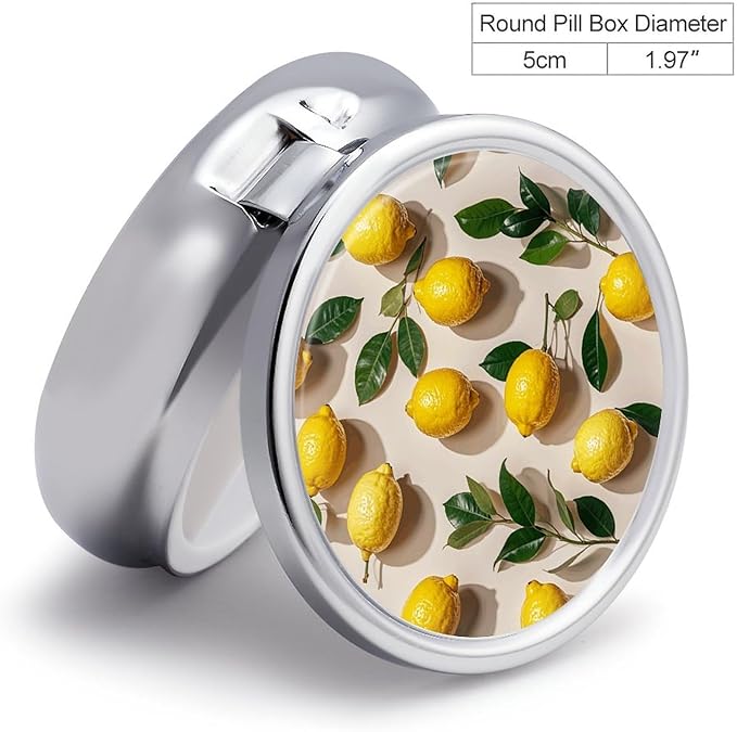 Lemon Pattern Pill Box Travel Pill Case for Purse Pocket Weekly Medicine Organizer with Mirror 3 Compartment Round Medicine Case Portable PillcaseHolder for Daily