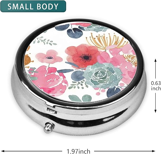 Pill Box 3 Compartment Pocket Cute Small Pill Organizer Mini Metal Pill Holder Travel Portable for Man Woman - Pink Flower