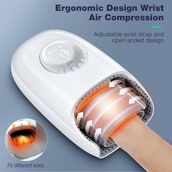 Hand Massager with Heat and Compression, Hand Massage for Arthritis and Carpal Tunnel Relief, 6 Modes Pressure Point Therapy, Blowing Wrist Massager, Finger & Palm Kneading, Gifts for Mom Dad