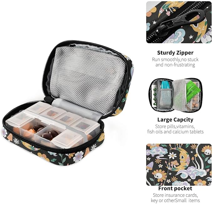 Bohemian Mushroom Moon Pill Box 7 Day Pill Case Travel Pill Organizer Bag Container for Medicine with Zipper Portable Weekly Case Compact Size for Medicine, Vitamin, Supplement