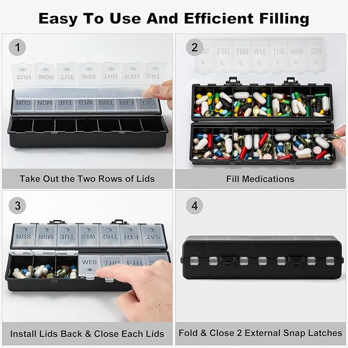 Foldable Pill Organizer 2 Times a Day w/Etched Labels -Dual Protection & Portable Weekly AM PM Pill Box, 7 Day Medicine Container, Large Travel Pill Case for Week Daily Supplement Vitamin - Black