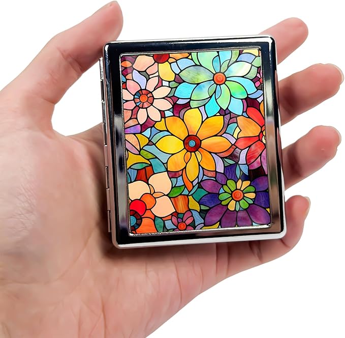 Travel Pill Organizer Small Pill Case for Purse Essentials 7 Days Cute Pill Box with Mirror Portable Pill Box for Pocket or Purse Pill Containe Travel Gifts (Stained Glass Flowers)