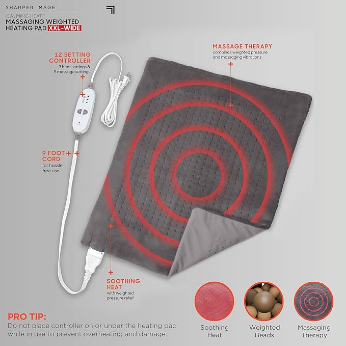 Calming Heat XXL Wide Massaging Vibrations Weighted Heating Pad by Sharper Image | Auto Shut-Off Feature, Gift for Holidays, Women & Men | 3 Heat, 9 Massage, 20” x 24”, 5 lbs