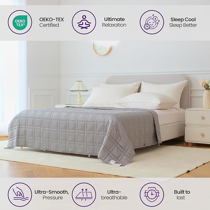 Weighted Blanket for Adults (15 lbs, 48”x72”, Grey) Twin Size. 100% 300TC Viscose, Derived from Bamboo-Premium 7 Layer Cooling Weighted Blankets. Breathable Blanket with travel bag & Machine Washable