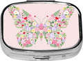 Square Pill Case Small Pill Box with Mirror Pocket 2 Compartment Vitamin Pill Medicine Case Organizer Pill Containers for Traveling Flowers Form Butterfly