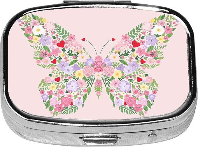 Square Pill Case Small Pill Box with Mirror Pocket 2 Compartment Vitamin Pill Medicine Case Organizer Pill Containers for Traveling Flowers Form Butterfly