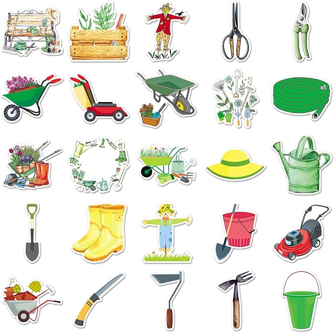51pcs Garden Tools Stickers, Cartoon Shovel & Watering Can Pattern Decals, Waterproof & Durable for Gardening Journal, Flower Pot, Party Decoration