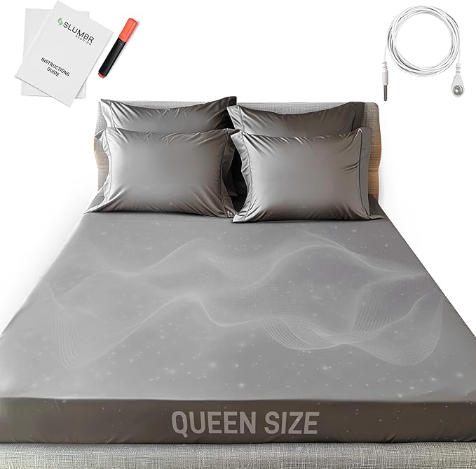 Earthing Grounded Fitted Sheet Queen Size with 10% Silverfiber & 90% Cotton - Gray - Luxury Material Grounding Bed Sheets - Improved Sleep Quality (King)