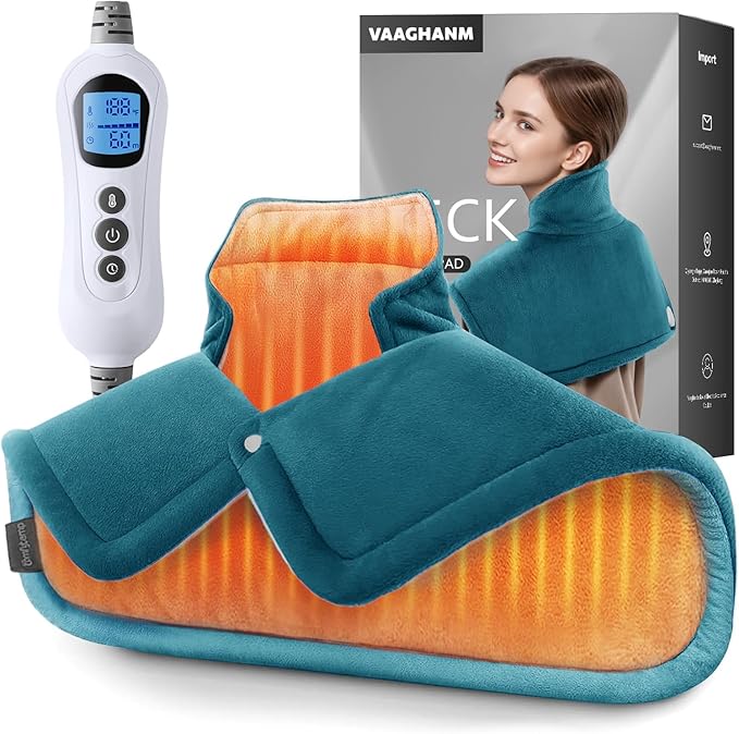 VAAGHANM Heating Pad: Electric Heat Pad for Neck & Shoulders & Back - Weighted Instant Heating Pads-6 Heat Options & 6 Auto Timer Mode-Blue