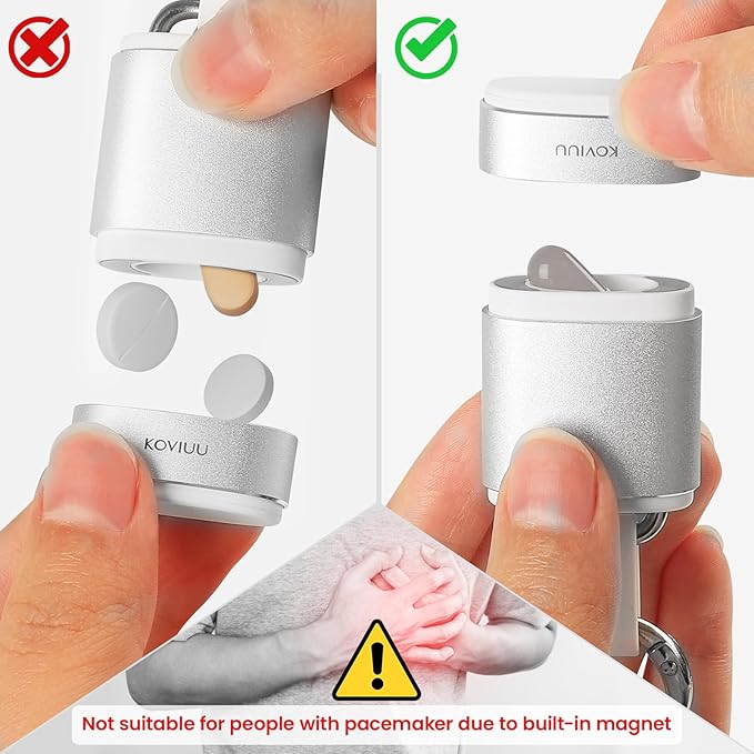 Keychain Pill Holder Necklace, KOVIUU Magnetic Pill Organizer, Aluminum Pill Case, Mini Metal Pill Box, Nitroglycerin Emergency Medicine Carrier Key Chain Container for Purse Pocket, Silver