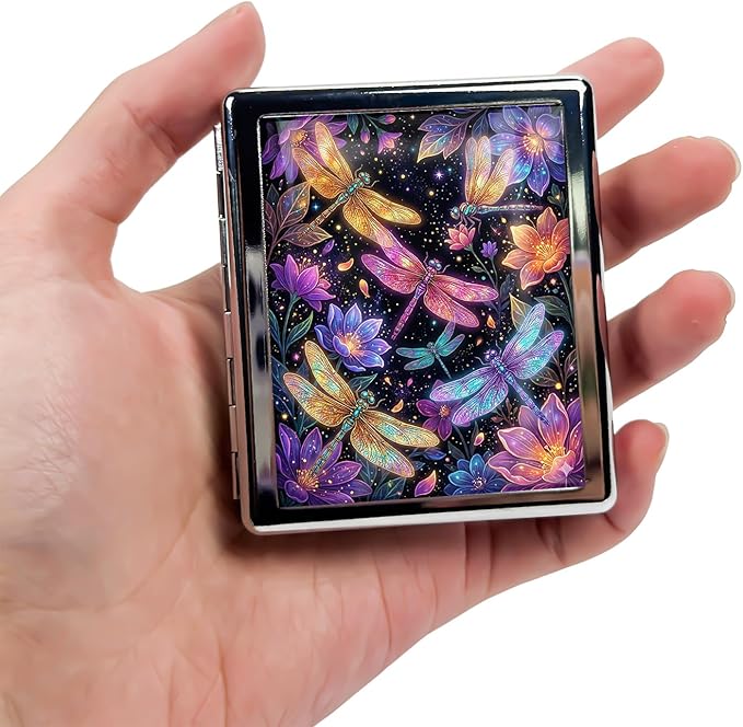 Metal 7 Day Pill Organizer, Cute Small Weekly Pill Case with 8 Compartments for Travel, Moisture-Proof Medicine Holder for Purse, Compact Daily Vitamin Box (Glow Dragonflies)
