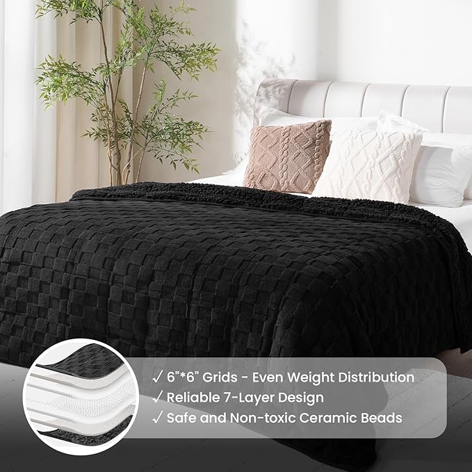 Drewin Weighted Blanket Queen Size 15lbs, Dual Sided Soft Cozy Jacquard Checkered Sherpa Weighted Blanket for Adults, Ultra-Soft Fluffy Heavy Blanket for Sofa Bed, 60 x 80 inches, Black
