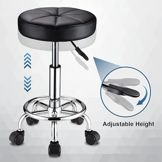 Round Rolling Stool with Wheels Height Adjustable Swivel Stool Chair for Spa Salon Massage Black