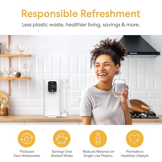 Brio SIMPL Countertop Water Dispenser, 3 Stage Water Filter & Adjustable Instant Hot Water | Easy Access Refillable 2.5L Tank | Tall 8.5" Dispense Height, LED Touch Controls, White