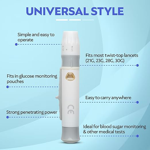 One Step Lancing Device Pen, 5 Depth Settings, Less Pain Design, Blood Sampling Pen, Accurate Blood Sample, Use with Twist Top Lancets, Blood Sugar Level Monitoring Glucose Testing, Lancing Tool