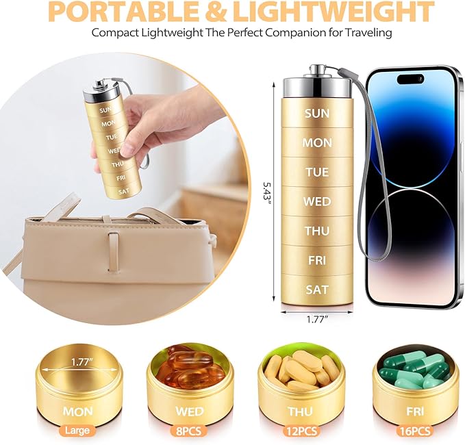 Metal Travel Pill Organizer, Large Weekly Pill Box, Portable Aluminum Alloy Waterproof Container, 7 Day Daily Medicine Organizer Holder for Vitamin, Fish Oil, Supplement, Gold