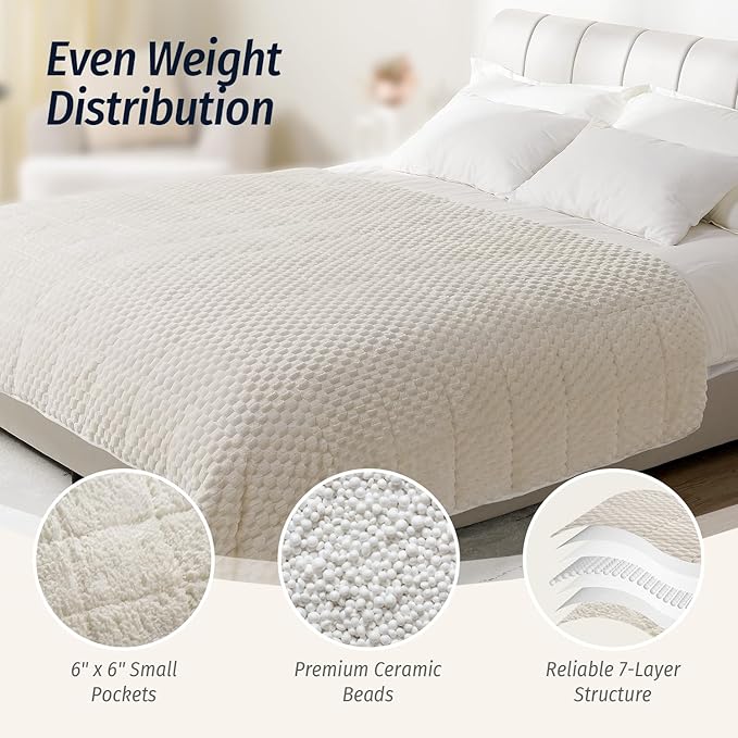 Wemore Fleece Weighted Blanket for Adults (80" x 87" 15lbs, Cream White), Dual Sided Cozy Soft Sherpa Heavy Blanket, 3D Imitation Turtle Shell Warm Jacquard Flannel Weighted Blankets for Couch and Bed