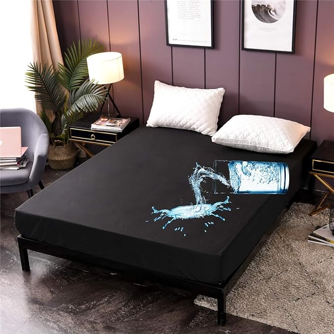 NTBED Black Waterproof Mattress Protector Cover Full Size Deep Pocket Polyester Bed Mattress Pad Cover Solid Color Fitted Sheet (54” x 75”)