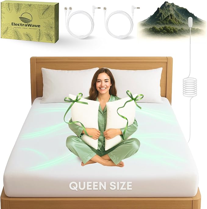 ELECTRAWAVE Premium Grounding Queen Flat Sheet 94" x 102", Queen Grounding Pillowcases – 93% Organic Cotton, 7% Pure Silver Fiber, Earthing Sheet Sleep Support, Wellness Naturally
