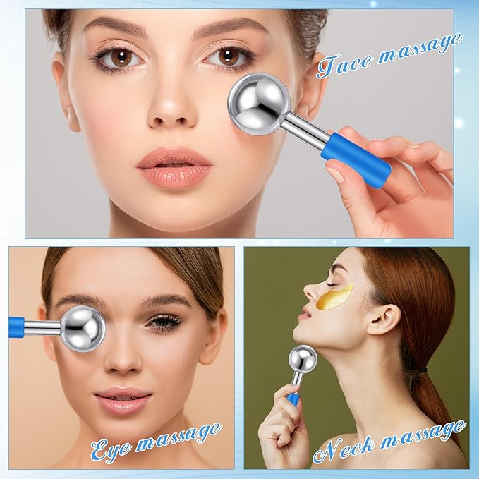 Baderke 2 Pcs Ice Globes for Face Stainless Steel Cooling Globes Unbreakable Cooling Roller Women Ice Balls Cryo Sticks Facials Skin Care for Dark Circles, Puffiness(Silver (Blue Handle))