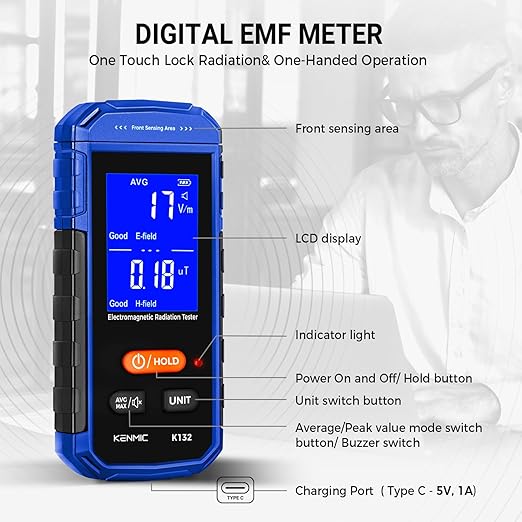 Rechargeable EMF Meter, Handheld Electromagnetic Field Detector with Digital LCD, Suitable for Home and Outdoors EMF Inspections, and Ghost Hunting - Blue
