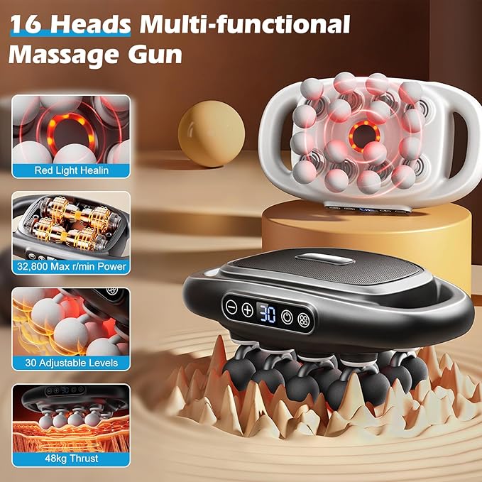PakaLife 16-Drive 8-Head Massage Gun Set,Gift for Husband,Professional Massage Gun Deep Tissue for Massage Therapy, Back Massager for Pain Relief Deep Tissue(White)