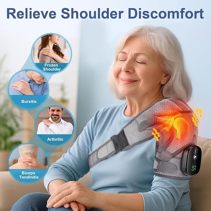 Shoulder Heating Pad with Massage Cordless, Shoulder Massager for Pain Deep Tissue, Heated Shoulder Wrap with Massage, Heat Pad for Pain