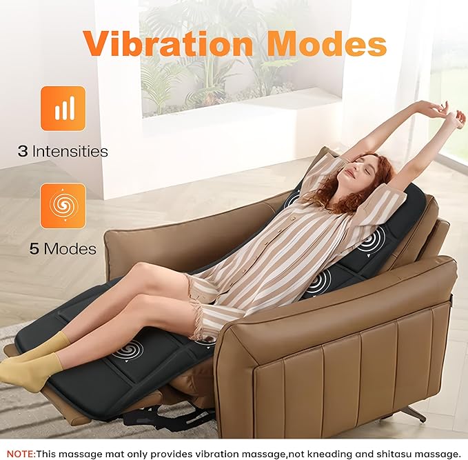 CILI Full-Body Vibration Massage Mat, 10 Motors & 5 Modes, Heated Back Massager Pad for Bed/Chair, Auto Shut-Off, Ideal Gift for Men & Women - Black