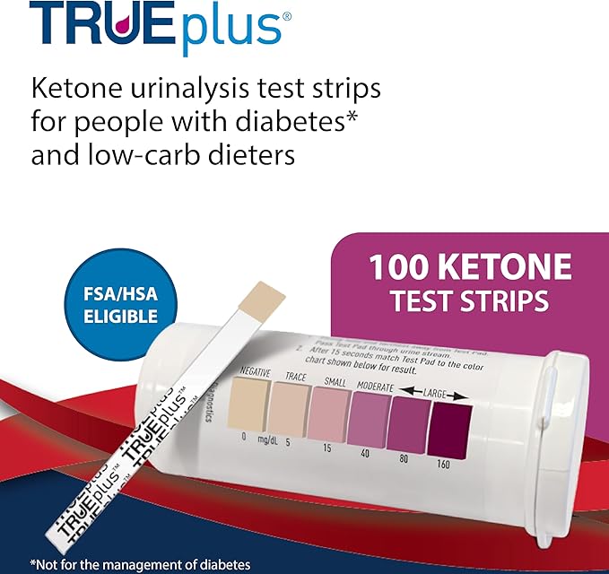 TRUEplus Ketone Test Strips, Urinalysis Test Sticks Ideal for Low-Carb Dieters and People with Diabetes, 100 Count