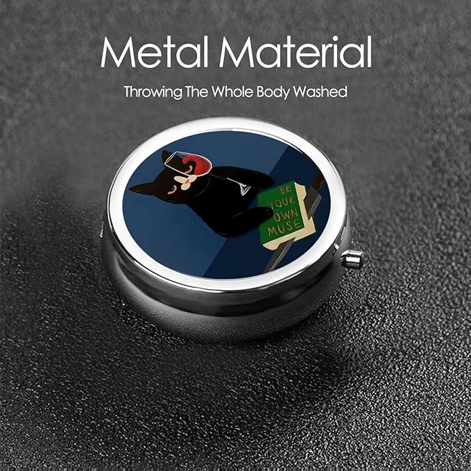 Metal Silver 3 Compartment Pill Box Pocket Portable Mini Travel Pill Case Small Round Decorative Medicine Box Vitamin Pill Organizer with Red Wine Black Cat