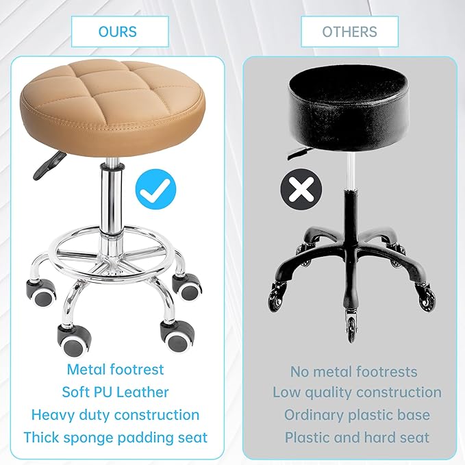 PU Leather Rolling Stool Height Adjustable Round Swivel Stools for Spa Salon Massage Work Chair with Foot Rest Brown