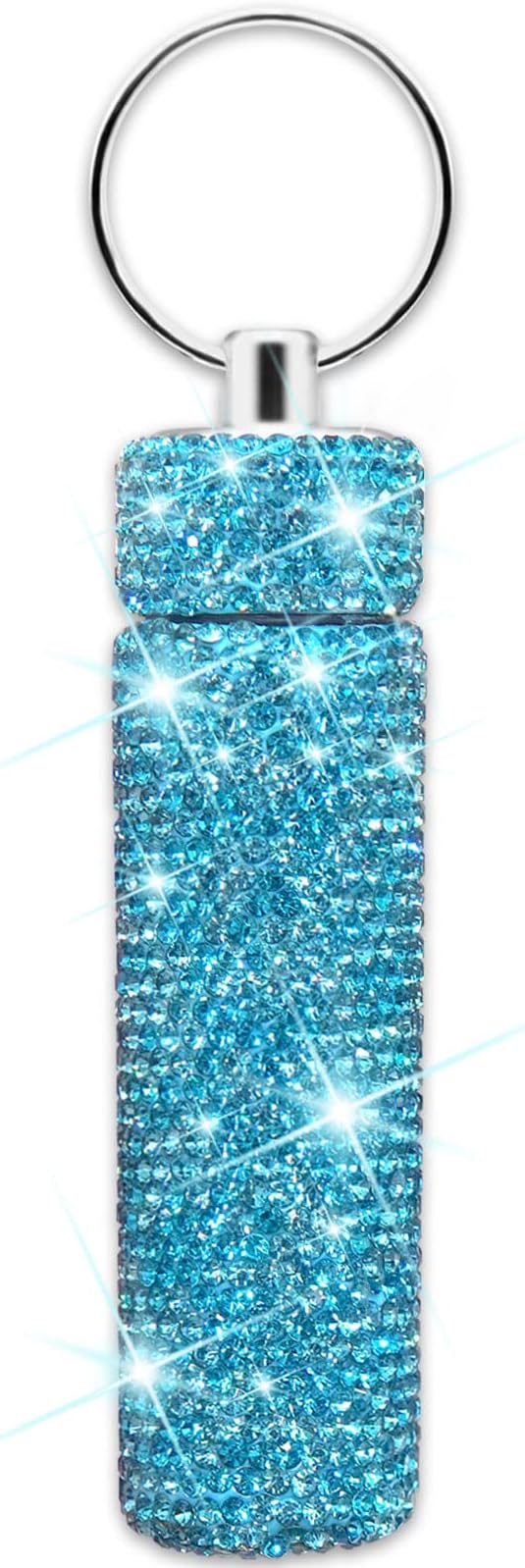 Yuchew Bling Pill Case Pill Container Rhinestone Pill Box Portable Waterproof Pocket Pill Holder Bottle Storage with Keychain for Travel, Outdoor, Camping (Blue)