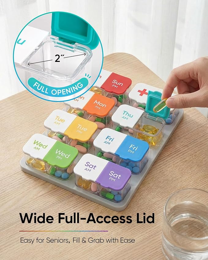 Extra Large Pill Organizer with Desiccant Pads, Moisture-Resistant & Detachable Weekly Pill Box 2 Times a Day, Wide Opening for Vitamins and Daily Pills, Easy for Seniors, Home & Travel Use