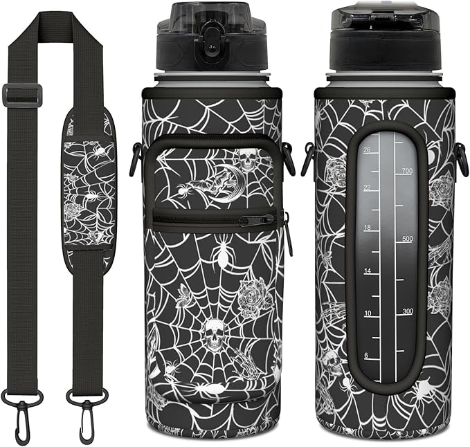 Halloween Half Gallon Water Bottle with Sleeve - Flip Top Bpa Free 32 OZ - Motivational Time Marker Leakproof Water Jug - Gothic Witchy Gifts for Women - Spider Web for Gifts